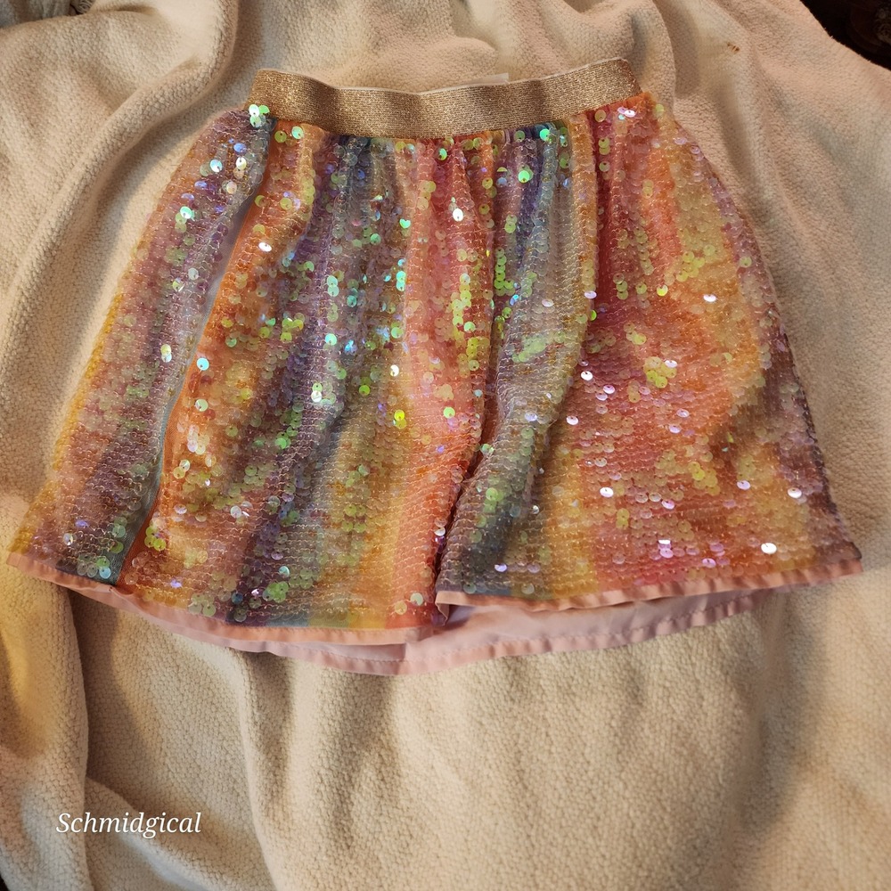 HM Girls Rainbow Sequin Skirt Gold Elastic Waist Ombre Party Skirt Size 6X 7